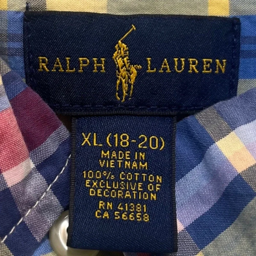 Ralph Lauren Blue Yellow Plaid Long Sleeve Shirt Preppy Cotton Youth XL‎ 18-20
